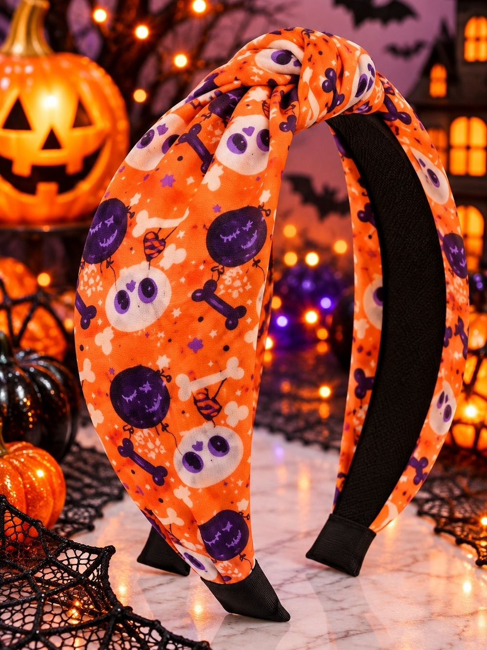 Halloween Skull Print Orange Knot Headband!!